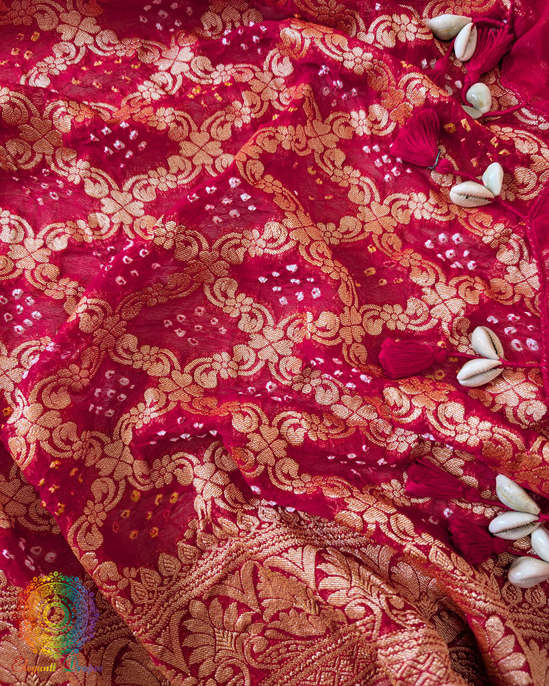 Kodi tassels on Red Banarasi Khaddi Georgette Bandhani Dupatta