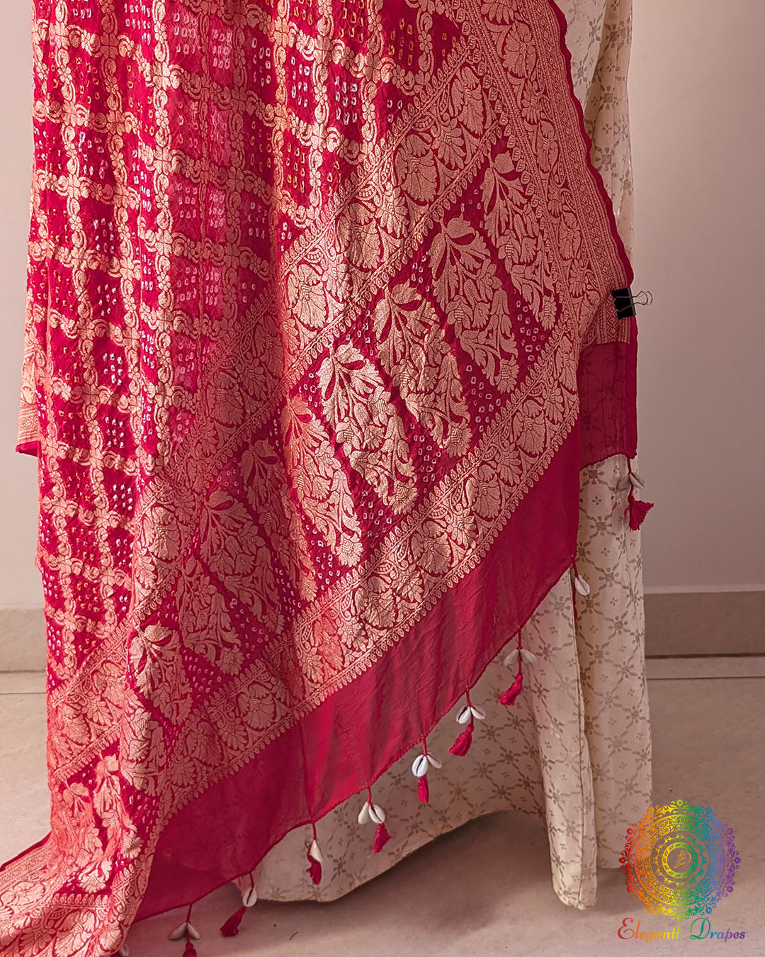 Close-up of Bandhani detailing on Red Banarasi Khaddi Georgette Dupatta