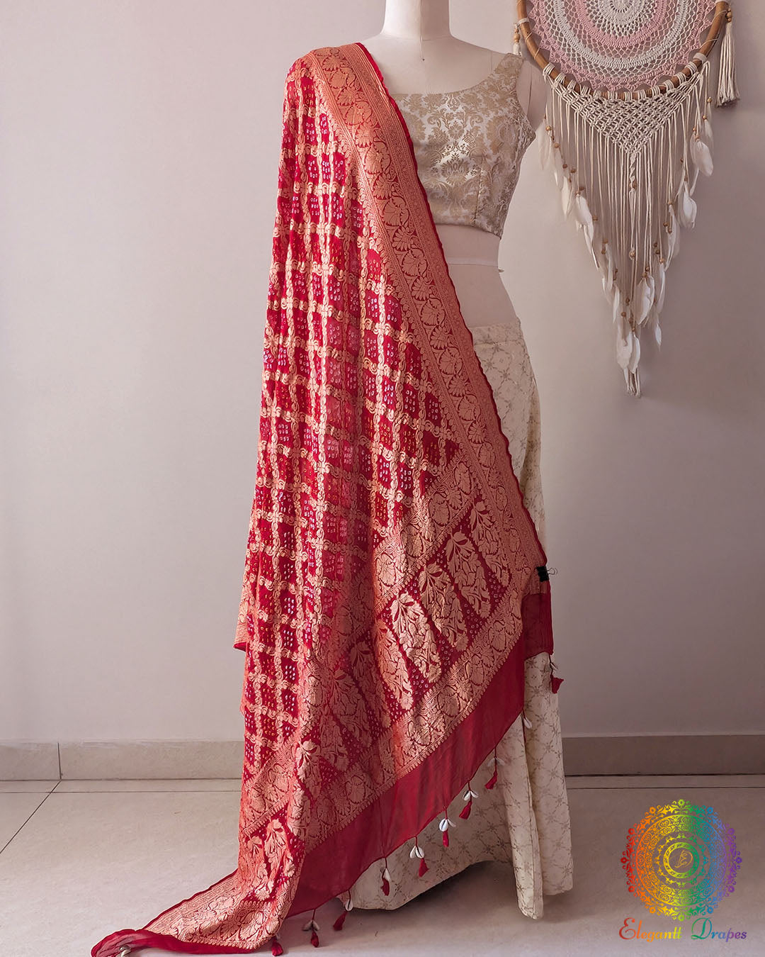 Red Banarasi Khaddi Georgette Bandhani Dupatta front drape view