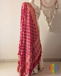Red Banarasi Khaddi Georgette Bandhani Dupatta side drape view