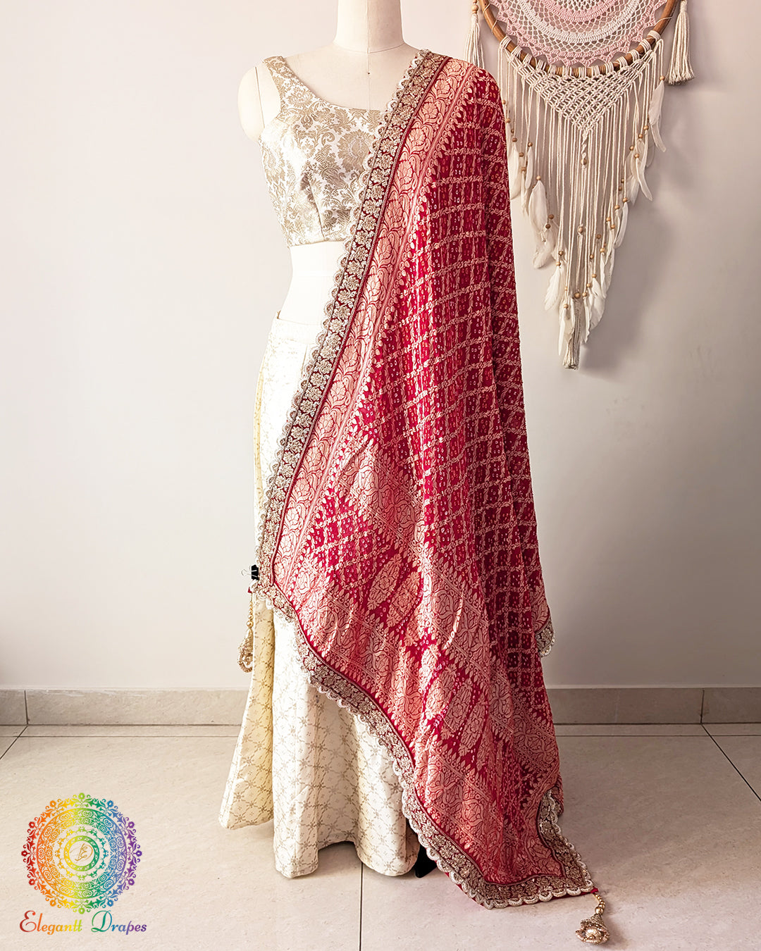 Red banarasi georgette bandhani dupatta with lace border