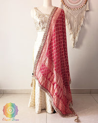Red banarasi georgette bandhani dupatta with lace border