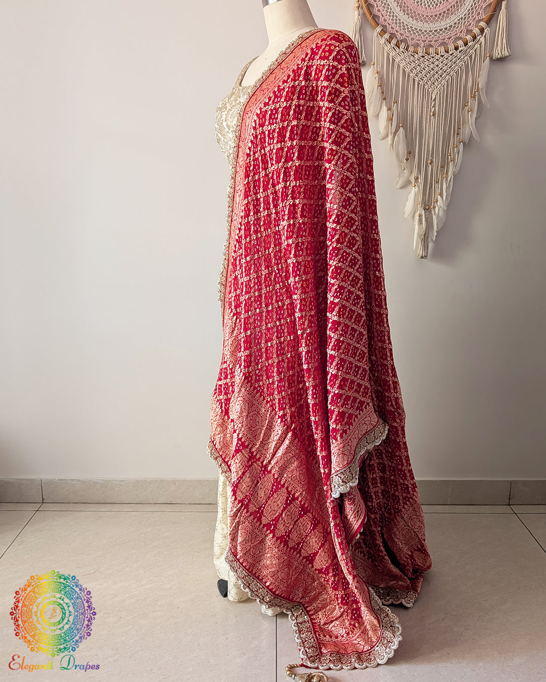 Lightweight red bandhani dupatta with elegant lace edge