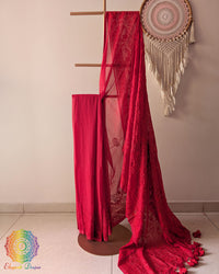 Red Bengal cotton saree with Chikankari-inspired threadwork showing elegant drape