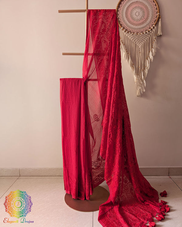 Red Bengal cotton saree with Chikankari-inspired threadwork showing elegant drape