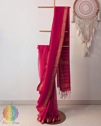 Red Bengal cotton saree with zari border on mannequin showing full drape