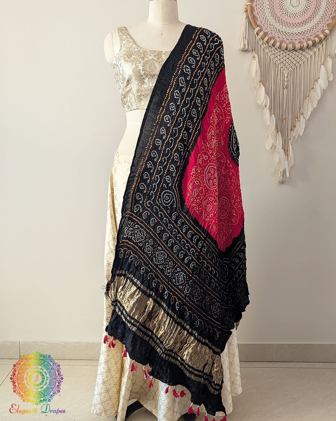 Black red gaji silk bandhani dupatta traditional tie and dye Elegantt Drapes