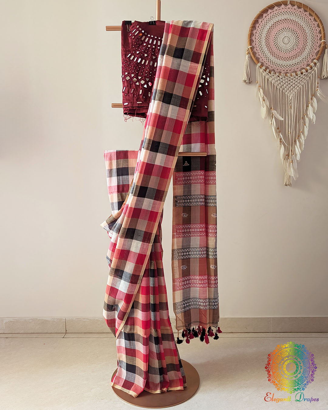 Red and black Madras checks Bengal cotton saree showing full drape and Jamdani palla