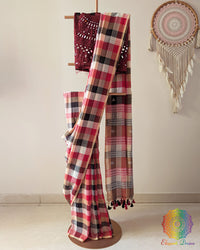 Red and black Madras checks Bengal cotton saree showing full drape and Jamdani palla