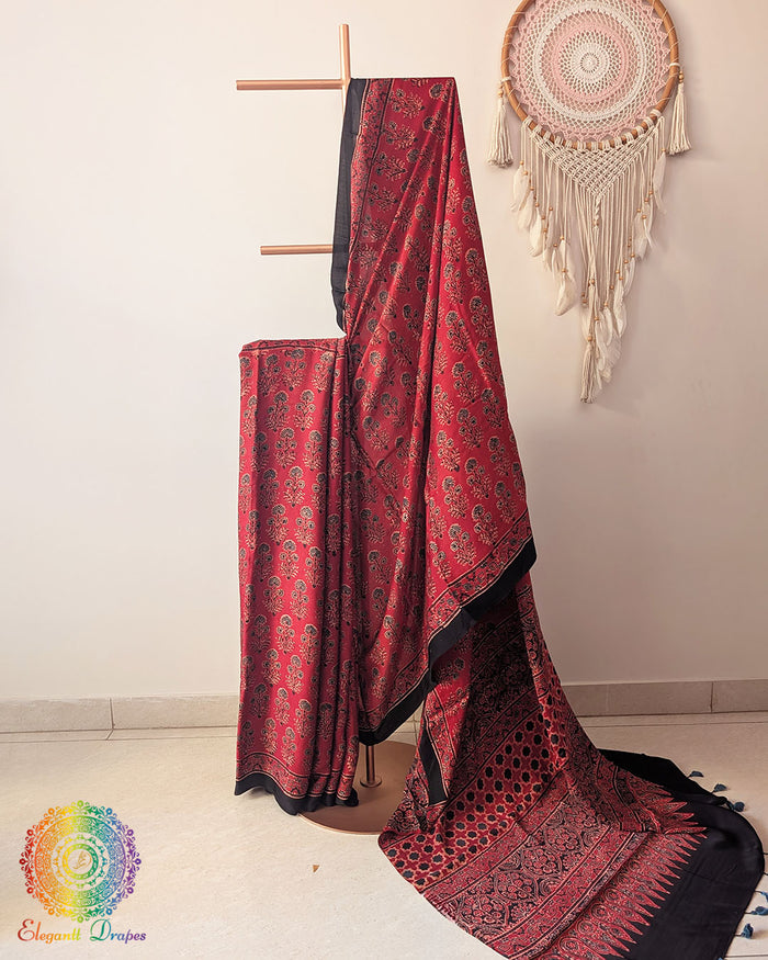 Red modal silk Ajrakh saree drape view