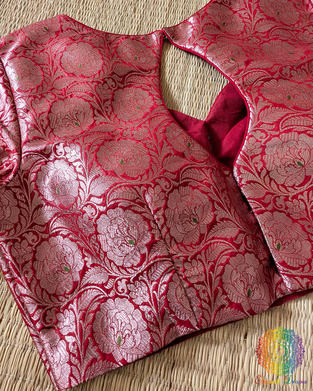 Close-up of intricate Banarasi brocade weave on the Red Designer Blouse
