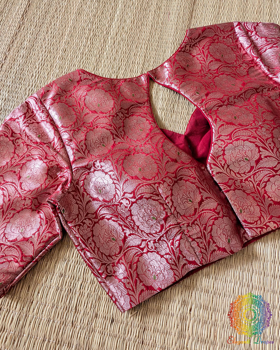 Red Banarasi Brocade Designer Blouse back view with hook closure