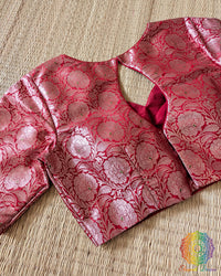 Red Banarasi Brocade Designer Blouse back view with hook closure