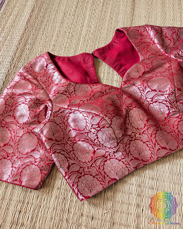 Red Banarasi Brocade Designer Blouse front view with removable pads