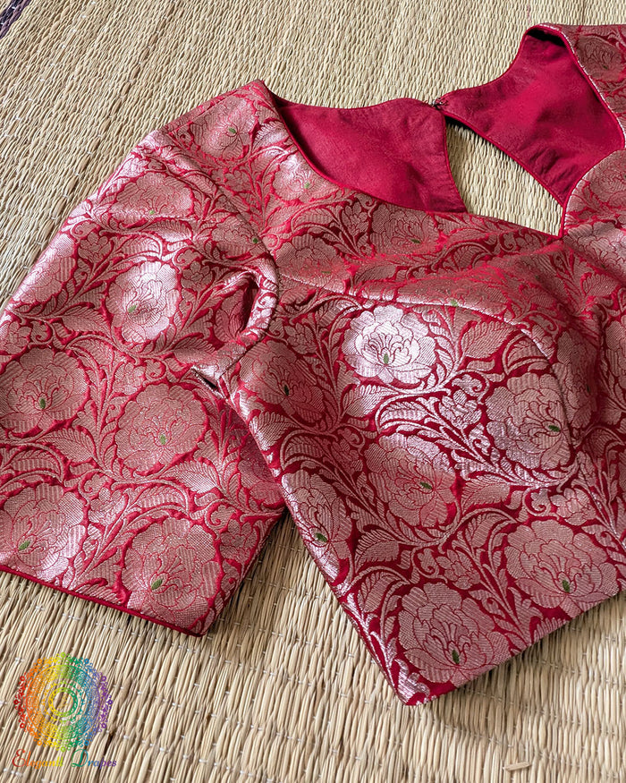 Sleeve detail of Red Banarasi Brocade Designer Blouse with woven brocade fabric