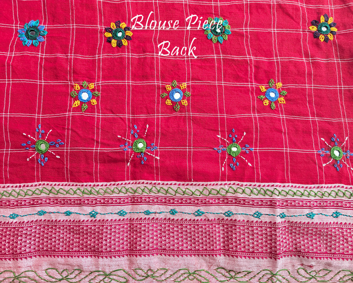 Back view of matching blouse for Red Checked Ilkal Cotton Saree