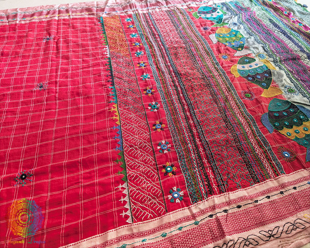 Close-up of handcrafted embroidery and motifs on Red Ilkal Cotton Saree