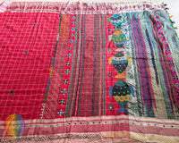 Palla detail of Red Checked Ilkal Cotton Saree with Lambani embroidery