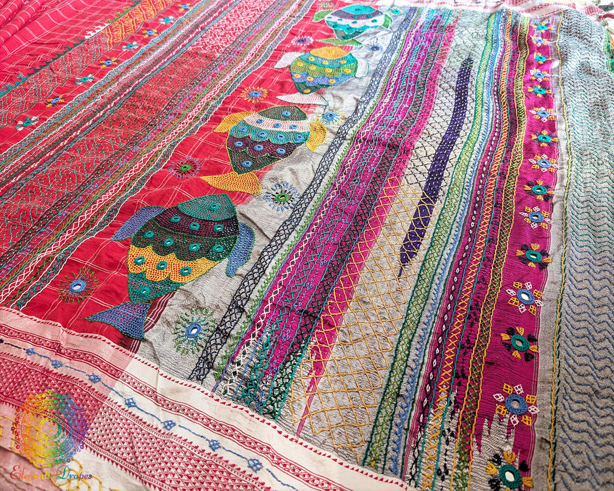 Close-up of traditional Lambani motifs on Red Ilkal Cotton Saree