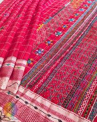 Red Checked Ilkal Cotton Saree palla view