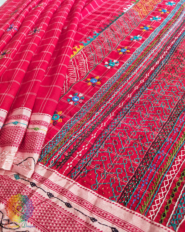 Red Checked Ilkal Cotton Saree palla view