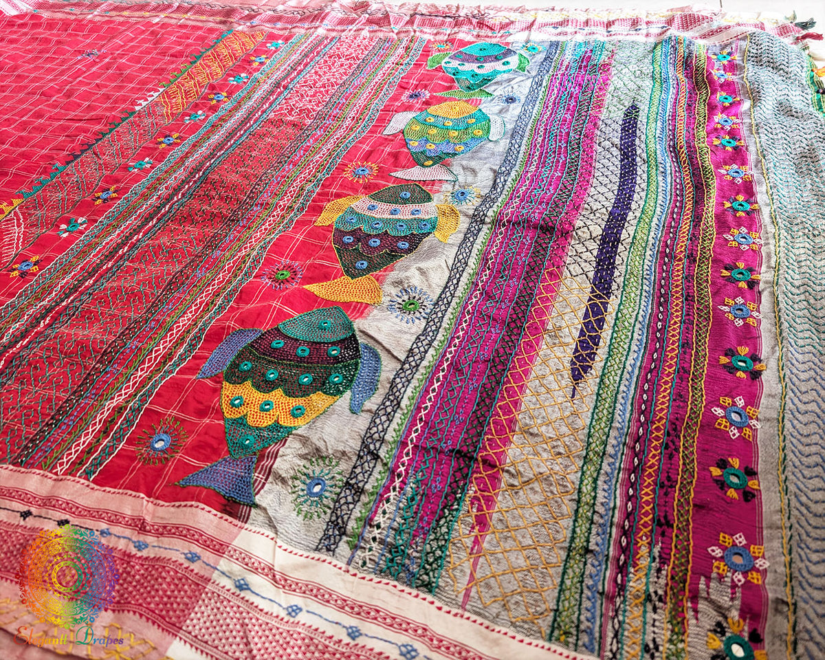Detailed checked weave of Red Ilkal Cotton Saree