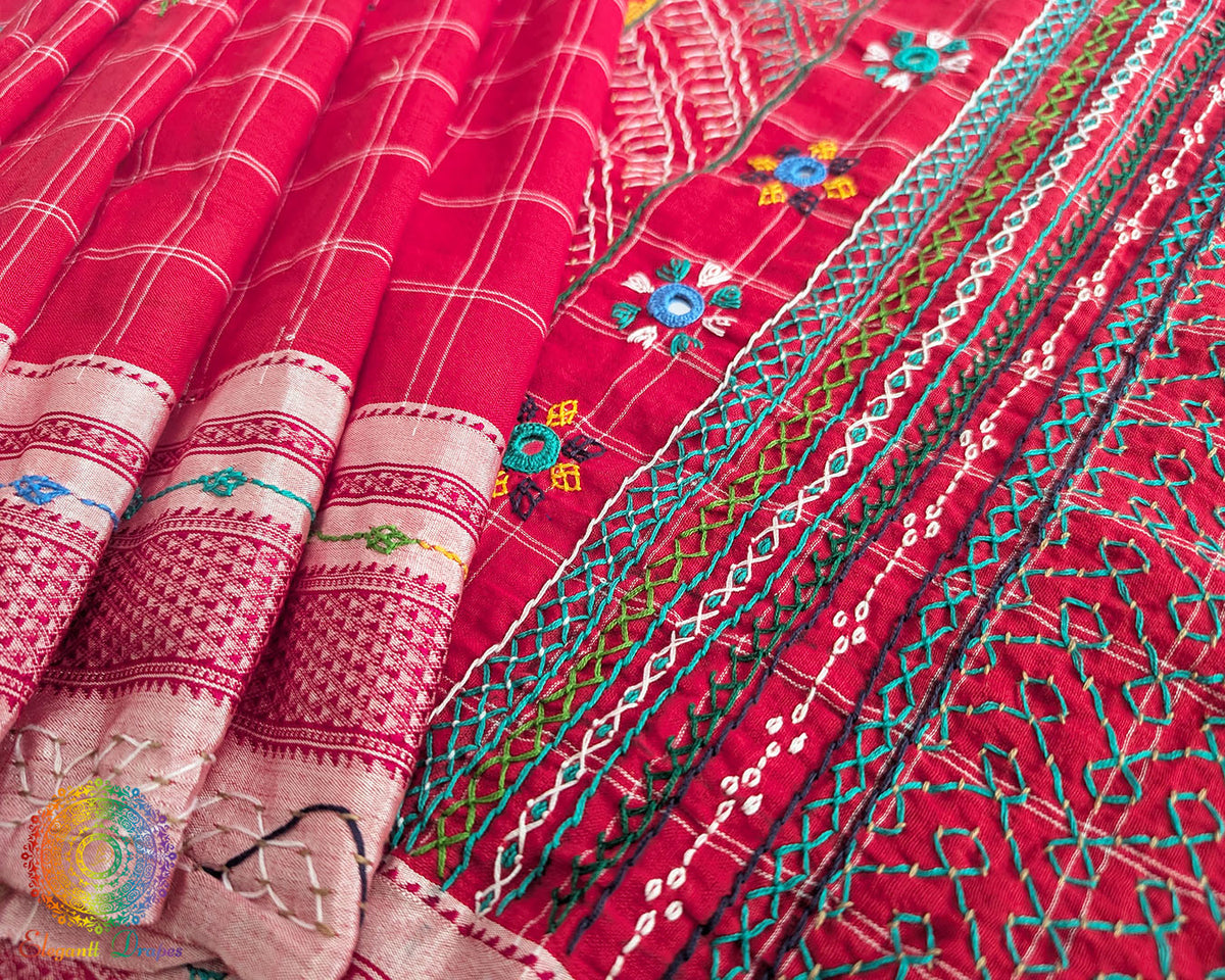 Close-up of Lambani hand embroidery on Red Ilkal Cotton Saree