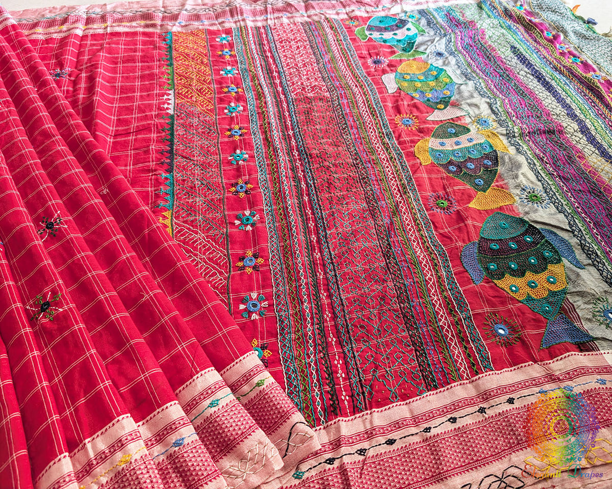 Red Ilkal Cotton Saree with traditional checked pattern