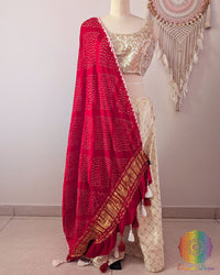 Red Gajji Silk Bandhani Dupatta full drape view
