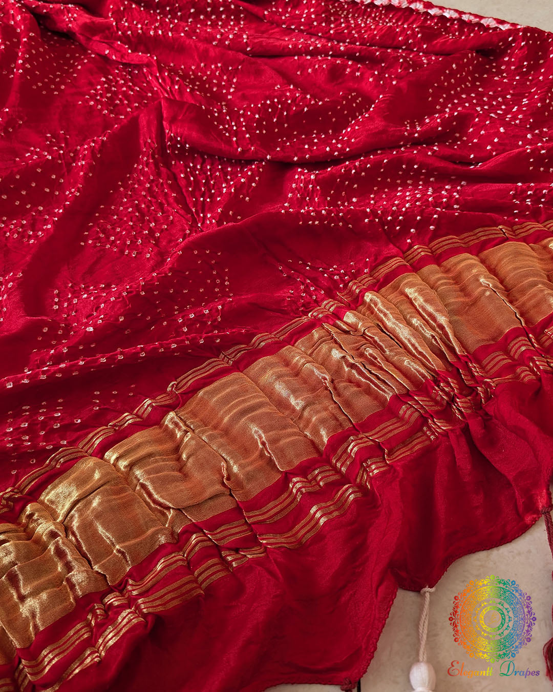 Close-up of Bandhani detailing on Red Gajji Silk Dupatta