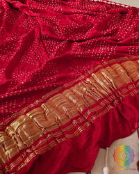 Close-up of Bandhani detailing on Red Gajji Silk Dupatta