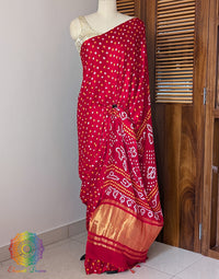 Red Gajji Silk Bnahdnai Saree Full View