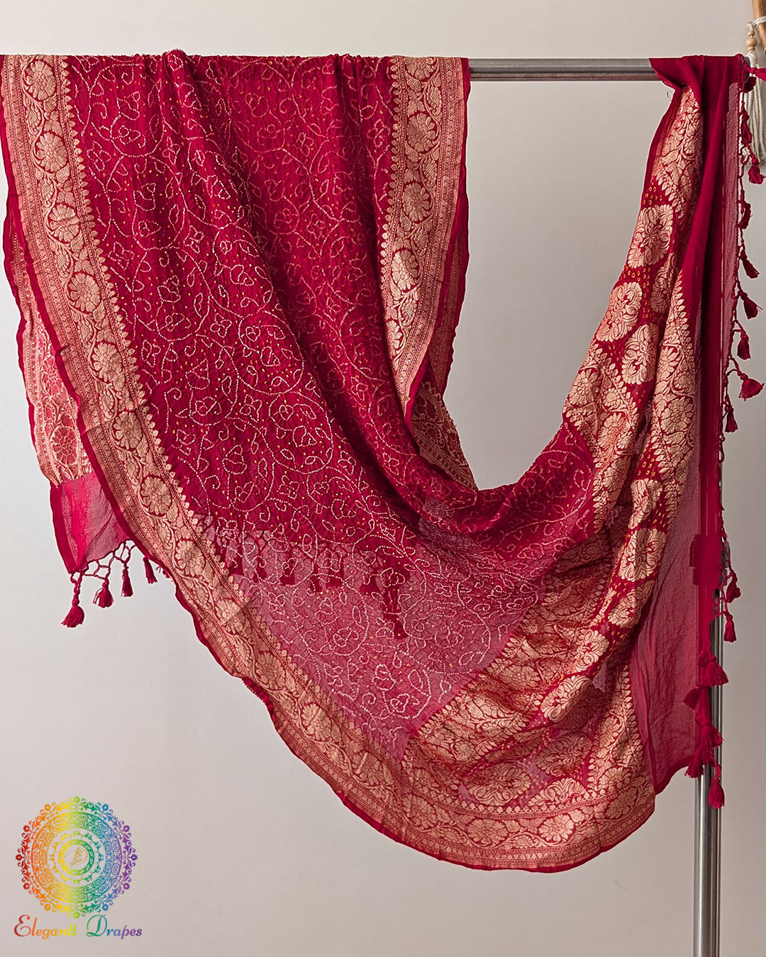 Red Banarasi Khaddi Georgette Rai Bandhej Dupatta full view