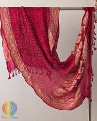 Red Banarasi Khaddi Georgette Rai Bandhej Dupatta full view