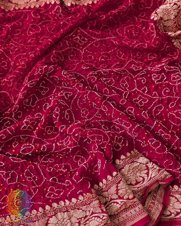 Close-up of Rai Bandhej detailing on Red Banarasi Khaddi Georgette Dupatta