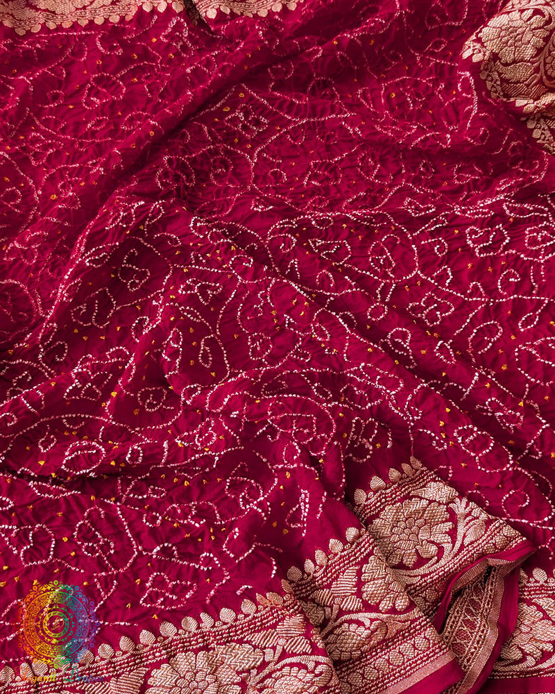 Close-up of Rai Bandhej detailing on Red Banarasi Khaddi Georgette Dupatta