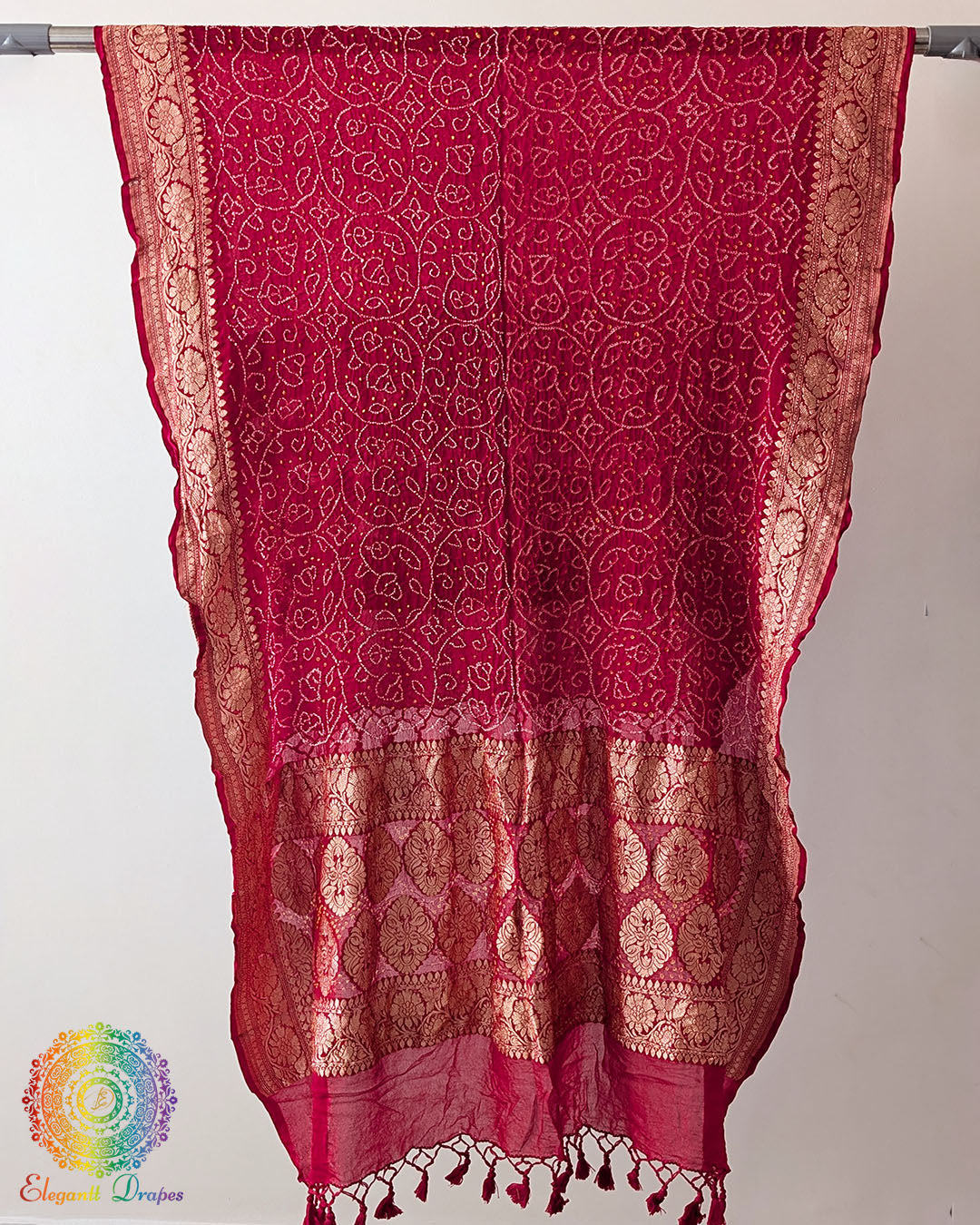 Red Rai Bandhej Dupatta with Banarasi Khaddi Georgette weave full view