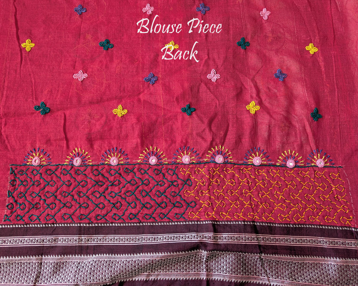 Red Ilkal cotton saree with Lambani handwork blouse back