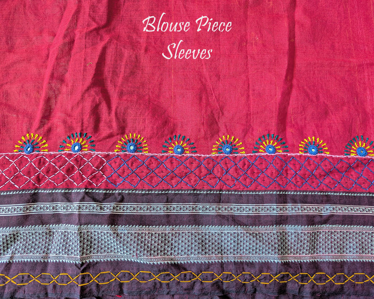 Red Ilkal cotton saree with Lambani handwork blouse sleeves