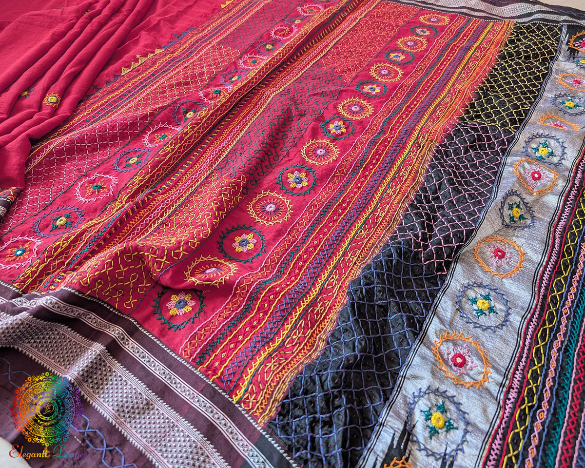 Red Ilkal cotton saree with Lambani handwork close up