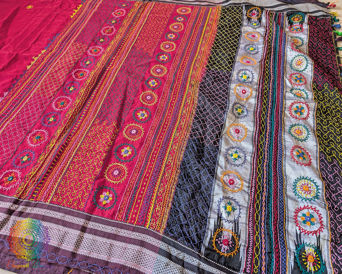 Red Ilkal cotton saree with Lambani handwork palla full