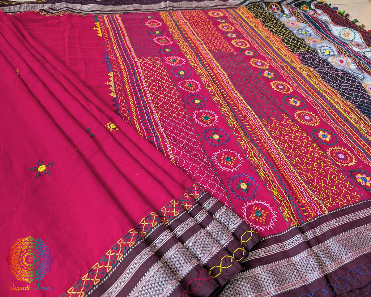 Red Ilkal cotton saree with Lambani handwork drape