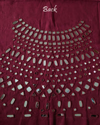 Back view of the Deep Red Kala Cotton Kutch Mirror Handwork blouse piece, showcasing intricate Kutch embroidery and real mirrors arranged in a decorative handcrafted design.