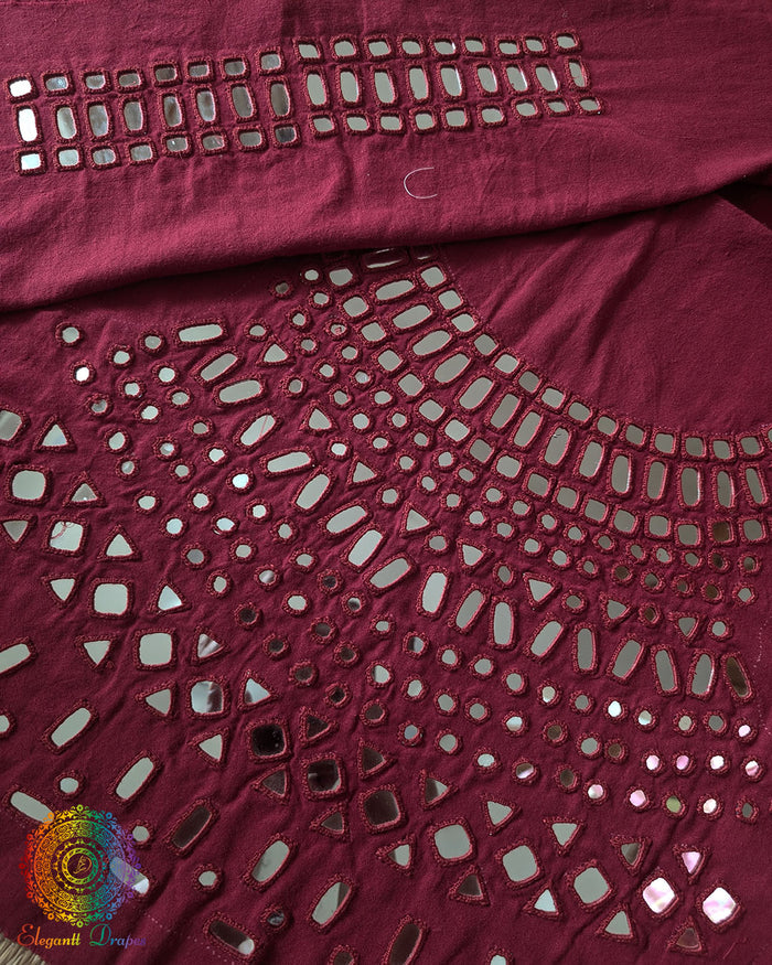 Deep Red Kala Cotton Kutch Mirror Handwork blouse piece featuring traditional thread embroidery and real mirror embellishments, designed for customised ethnic blouse stitching.