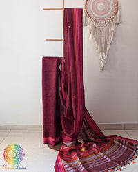 Red linen Bhujodi weave saree on mannequin showing complete drape and fall