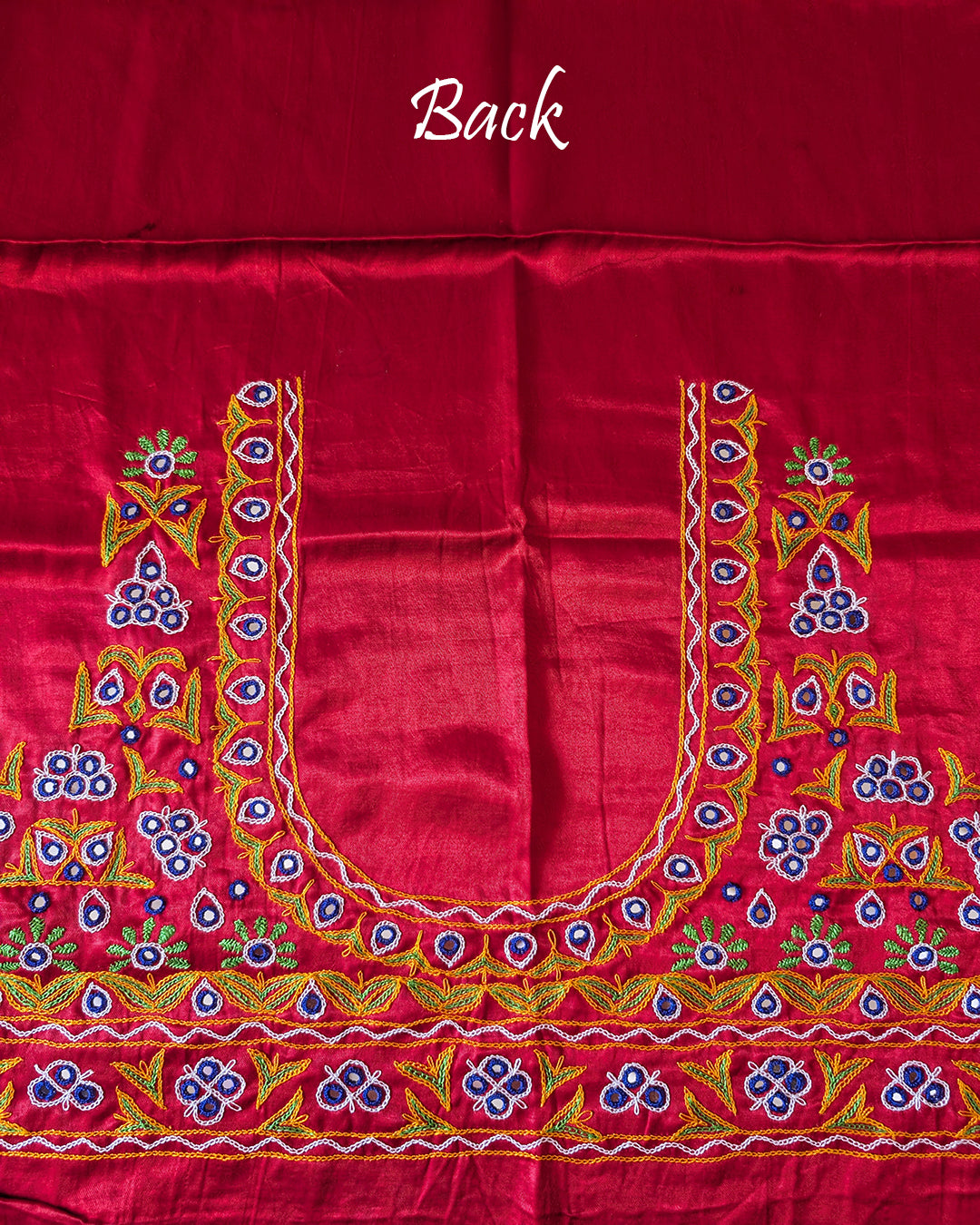 Back design detail of red embroidered Mashru silk blouse fabric