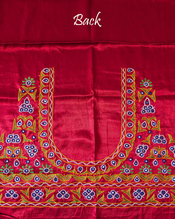 Back design detail of red embroidered Mashru silk blouse fabric