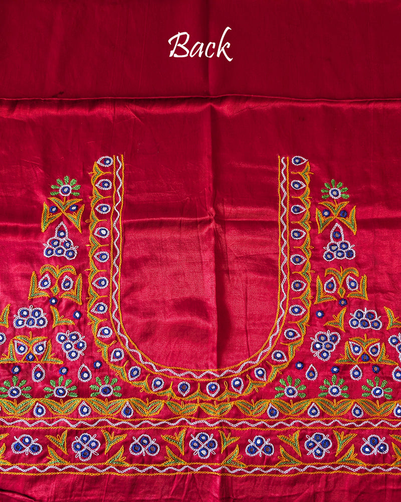 Back design detail of red embroidered Mashru silk blouse fabric