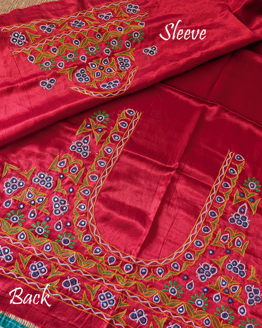 Red Kutch embroidery Mashru silk blouse piece full fabric view