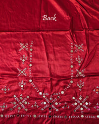 Close-up of Kutch mirror work on the back of Red Mashru Silk Blouse Piece